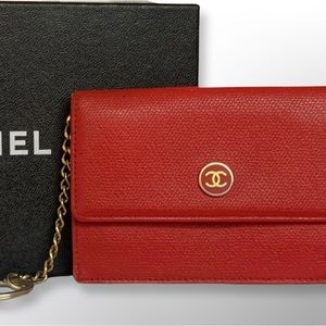 Chanel CC Red Leather Wallet, Vintage Classic Red Coin Purse with Gold Chain